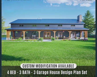 Modern Farmhouse Barndominium Plan 4 Bed, 3.5 Bath, 3-Car Garage, Custom House Plan (Digital Download)