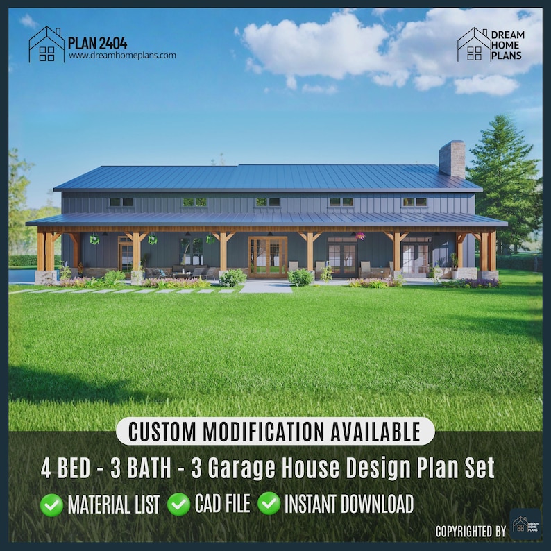 This stunning Barndominium home offers a perfect blend of bold design and functionality. The exterior showcases strong colours, wood accents, and stonework, with 88 feet in length, 57 feet in width with 12-feet wide front porch ideal for gatherings. The side-entry garage features oversized bays-one double, one single-providing approximately 1,500 square feet of unheated space for vehicles, storage, or a workshop.