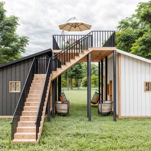 May include: A structure featuring a dark gray building on the left and a white building on the right, connected by a central wooden staircase leading to an upper deck with a beige umbrella. The space underneath contains two hanging chairs.
