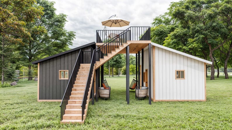 May include: A structure featuring a dark gray building on the left and a white building on the right, connected by a central wooden staircase leading to an upper deck with a beige umbrella. The space underneath contains two hanging chairs.