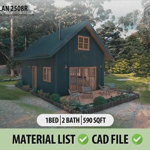 Tiny House-plattegronden 18 x 25, 1 bed en 2 badkamers pdf-plannen voor kleine hut met vide, aangepast huisplan - hutplannen, volledige planset, direct downloaden