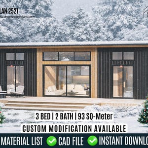 May include: A contemporary cabin design with a black exterior and large windows. The image shows a 3-bedroom, 2-bath home plan with 93 sq-meter of space. The text includes "Material List", "CAD File", and "Instant Download". Two Christmas trees flank the cabin.