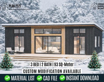 Modern Cottage House Plan | 3 Bed, 2 Bath, 93 sqm | Mono Pitch Roof Blueprints