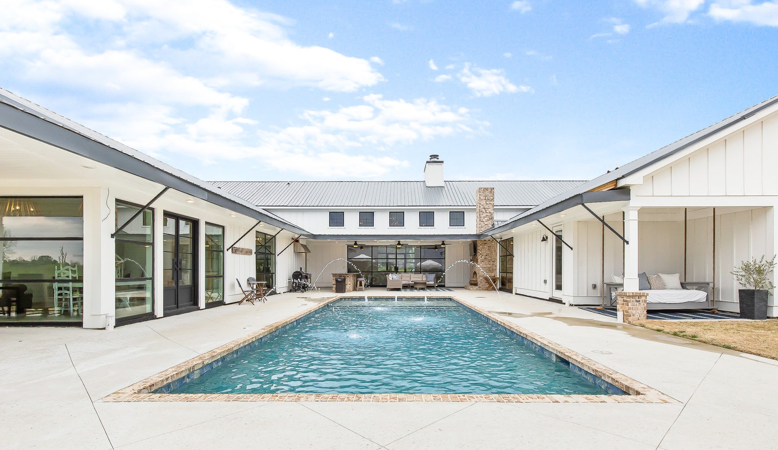 Modern Farmhouse Barndominium Plan: Courtyard Pool, Home Theatre (CAD ...