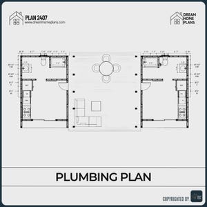 May include: A black and white architectural floor plan labeled PLAN 2407 and PLUMBING PLAN. The diagram displays two symmetrical living units flanking a central deck with a table, chairs, and sofa, featuring detailed plumbing lines and measurements.