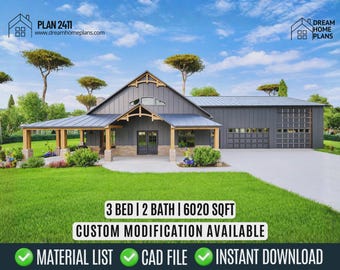 Farmhouse Barndominium Plan: 3-Car Garage, Wraparound Porch Custom House Plan (Digital Download)