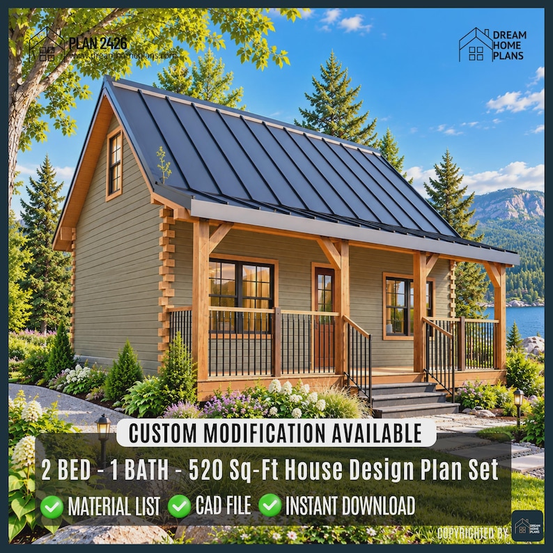 20' X 26' Modern Cabin House Plans With Loft - 520 SF Tiny Cottage ...