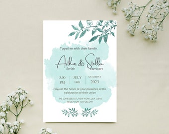 Elegant Artistic Minimalist Blue  5x7  Wedding Invitation - Personalized and Editable on Canva, Instant Download Available