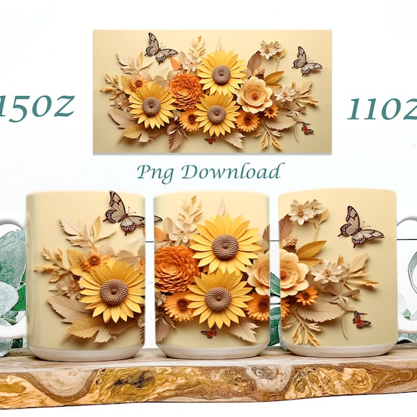 3D Sunflowers Paper Layered Mug, 3D Sunflower Mug, 3D Mug Sublimation, 3D Floral Mug, 11oz,15oz 3D Mug Sublimation Wrap, Digital Download