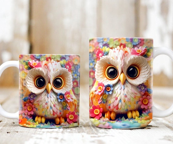 3D Owl and Flower Mug, Owl Flower Mug, Animal Mug Design, Owl Floral Mug  PNG, 3D Mug, 11oz,15oz Mug Sublimation Wrap, Digital Download