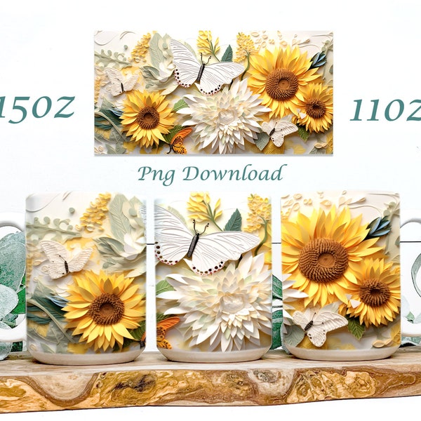 3D Sunflower Mug, 11oz & 15oz Butterfly Floral Mug, 3D Sunflower Mug Design, Floral Mug PNG, 3D Mug, Mug Sublimation Wrap, Digital Download