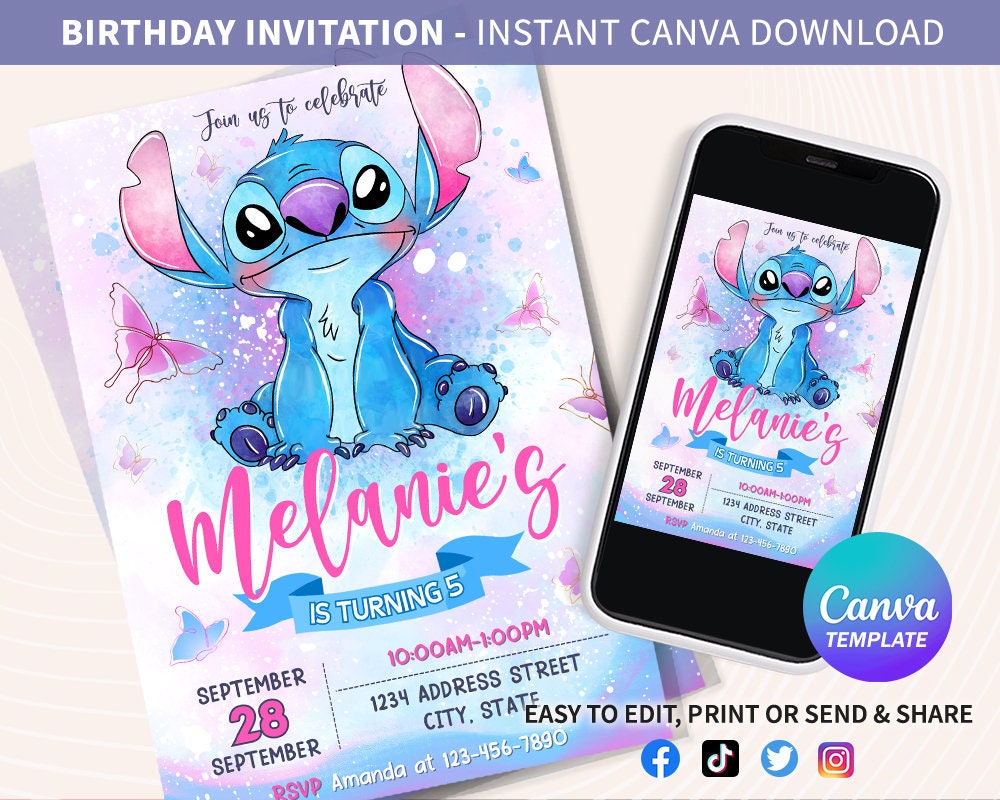 5 - 12 or 14 Lilo & Stitch Birthday Invitation Cards REF 440