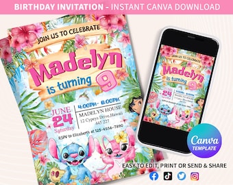 Stitch Birthday Invitation Template, Editable Cartoon Birthday Invitation, Stitch Birthday Party Invitation, Stitch Invite Canva Template