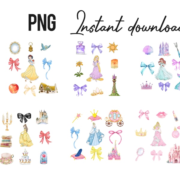 Princess Coquette Png, Princess Watercolor Designs, Princess Bundle Png, Beauty And The Beast, The Little Mermaid, Cinderella, Snow White