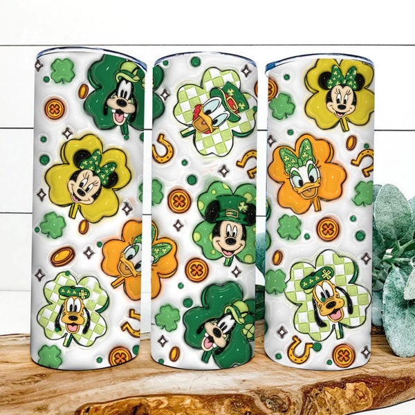 3D Inflated Cartoon St Patrick's Day Tumbler Wrap, Mickey And Friends 3D Irish Inflated Tumbler Wrap, Shamrock Png, Four Leaf Clover