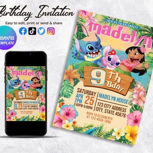 Stitch Birthday Invitation Template, Editable Cartoon Birthday Invitation, Stitch Birthday Party Invitation, Stitch Invite Canva Template