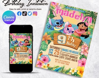 Stitch Birthday Invitation Template, Editable Cartoon Birthday Invitation, Stitch Birthday Party Invitation, Stitch Invite Canva Template