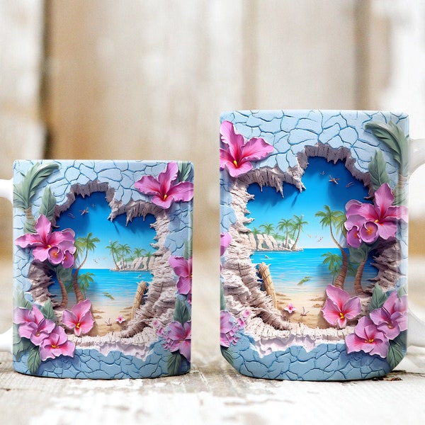 3D Hole In A Wall Beach Landscape Mug Wrap Design, 3D Beach Mug, 3D Beach Seashells In Mug Design, 3D Mug, 11oz,15oz Mug Sublimation Png