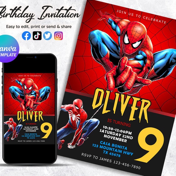 Editable spiderman Birthday Invitation Template, Canva Editable Birthday Boy Invitation, superhero Birthday Party Invitation, Canva Template
