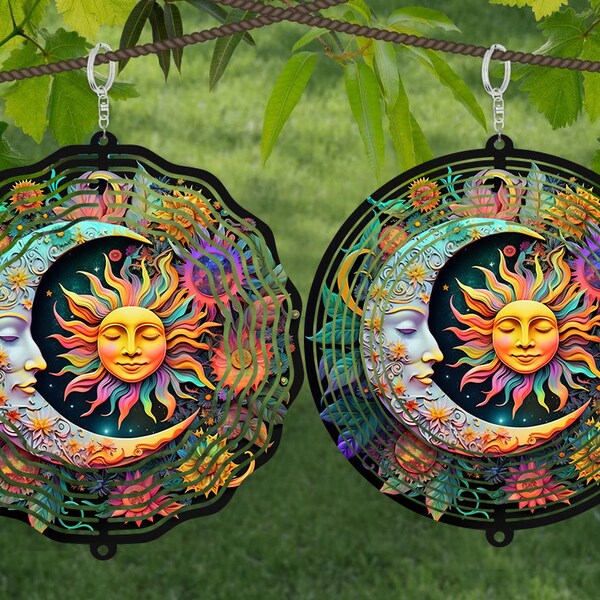 3D Sun and Moon Wind Spinner Sublimation, Celestial Design Template, Wind Spinner SVG, 10 inch Round Sublimation, Round Hanging Spinners png