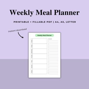 Weekly Meal Planner | Grocery List | Fillable | Printable PDF | A4/A5/Letter | Digital Download