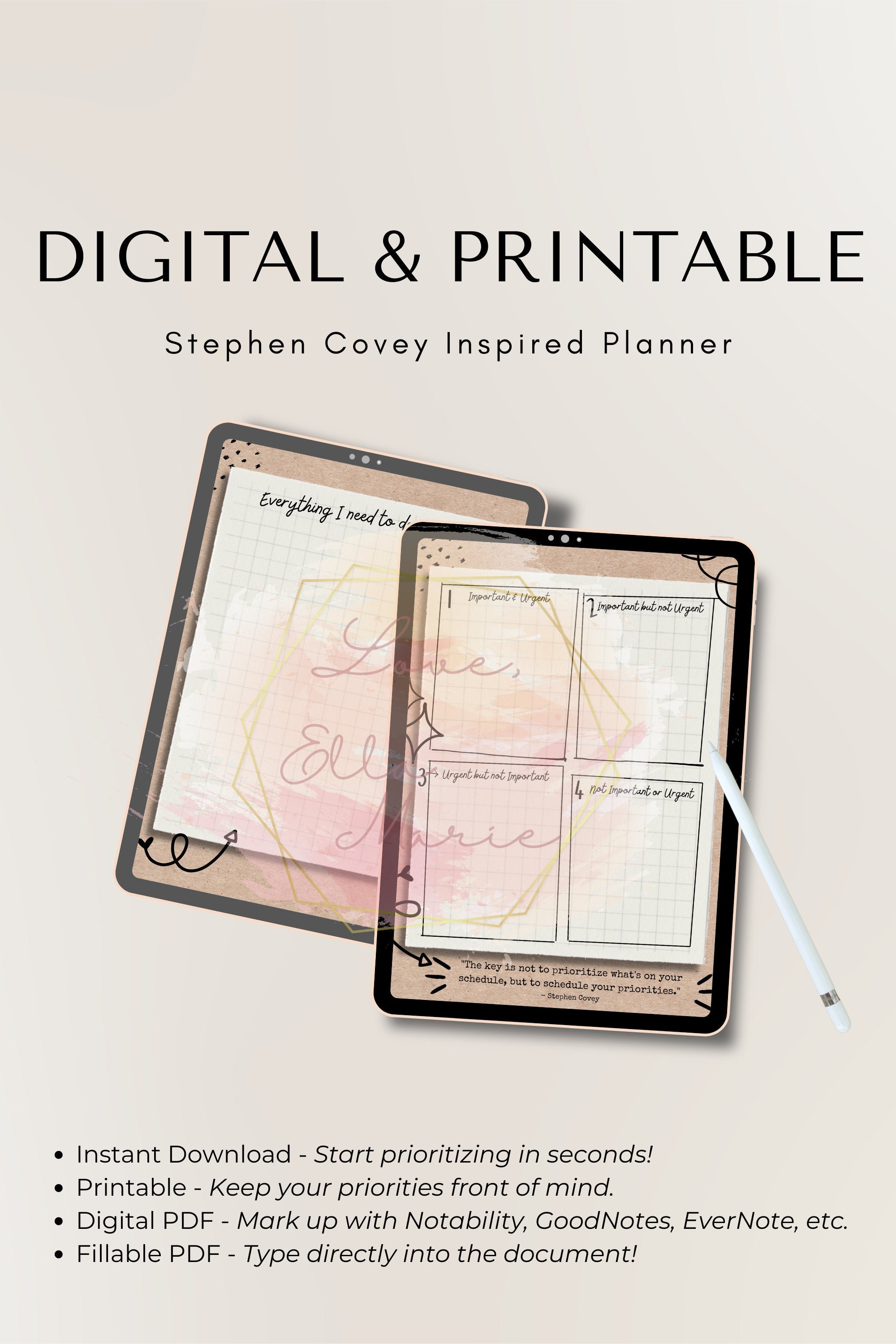 Stephen Covey Inspired Digital &amp; Printable Planner - Etsy