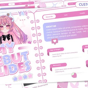 May include: A digital presentation template with a pink and purple gradient design. The template features a cartoon character and the text "MY DEBUT SLIDES". It includes sections for "About Me", "Live", and "Credits".