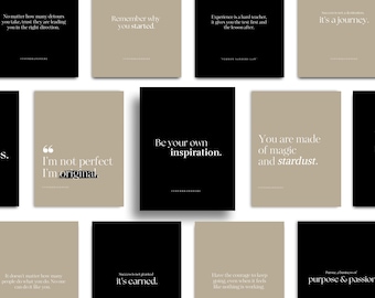 May include: Nine inspirational quotes displayed on beige and black cards. The quotes are: "No matter how many detours you take, trust they are leading you in the right direction.", "Remember why you started.", "Experience is a hard teacher. It gives you the test first and the lesson after.", "It's a journey.", "I'm not perfect, I'm original.", "Be your own inspiration.", "You are made of magic and stardust.", "Success is not granted, it's earned.", "Have the courage to keep going, even when it feels like nothing is working.", "Pursue a life of purpose and passion."