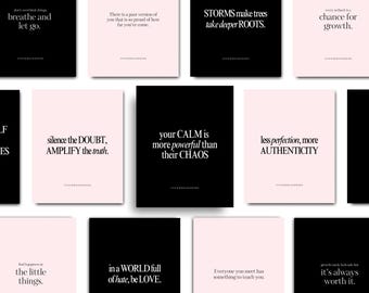 May include: Collection of square art prints with inspirational quotes in black text on white and pink backgrounds. Quotes include "breathe and let go" and "your calm is more powerful than their chaos."