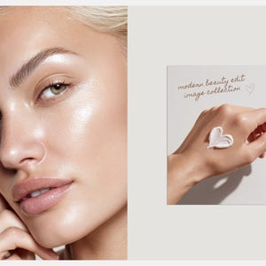 May include: A beauty image featuring a woman with fair skin and green eyes. The image includes a close-up of her face and a hand with a heart-shaped dollop of cream. The text on the card reads "modern beauty edit image collection."