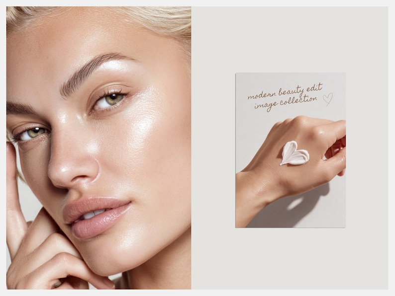 May include: A beauty image featuring a woman with fair skin and green eyes. The image includes a close-up of her face and a hand with a heart-shaped dollop of cream. The text on the card reads "modern beauty edit image collection."