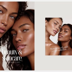 May include: Two women with radiant skin and dark hair are featured in a beauty and skincare advertisement. The image includes the text "beauty & skincare" and "modern beauty edit". A smaller image with the text "Modern beauty edit image collection" is also present.