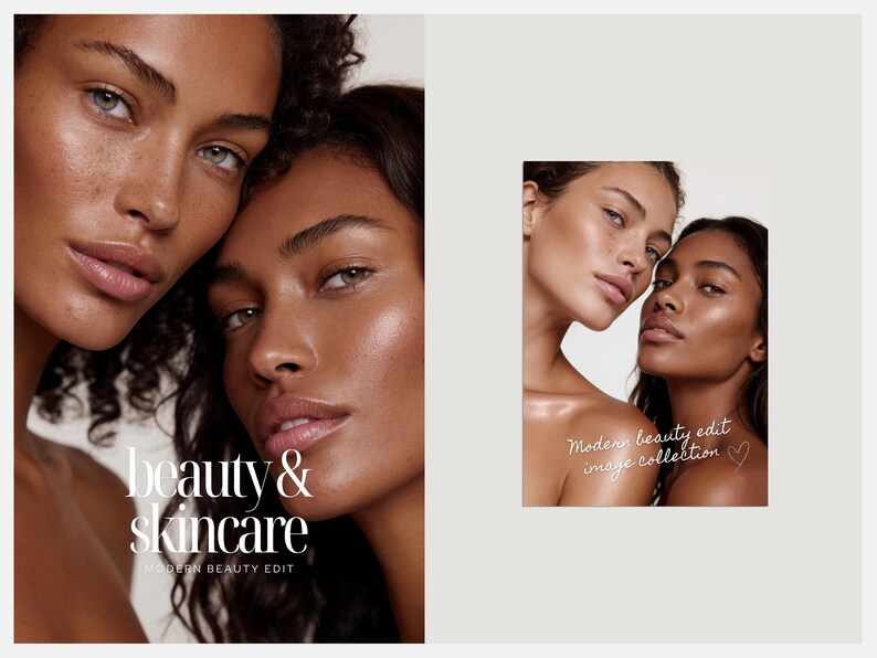 May include: Two women with radiant skin and dark hair are featured in a beauty and skincare advertisement. The image includes the text "beauty & skincare" and "modern beauty edit". A smaller image with the text "Modern beauty edit image collection" is also present.