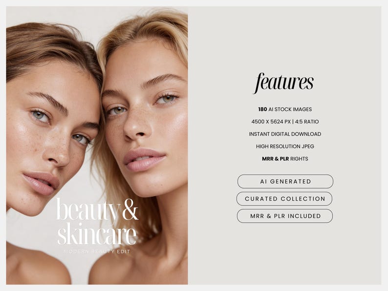 May include: A digital download advertisement featuring two women with fair skin and light-colored hair. The text reads "beauty & skincare" and lists features including 180 AI stock images, high-resolution JPEG, and MRR & PLR rights.
