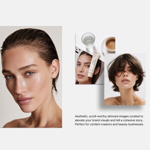 May include: Aesthetic skincare images featuring three women. One image shows a woman with wet hair, another shows a woman with a skincare product, and the third shows a woman with short hair. Text reads: Aesthetic, scroll-worthy skincare images curated to elevate your brand visuals and tell a cohesive story.