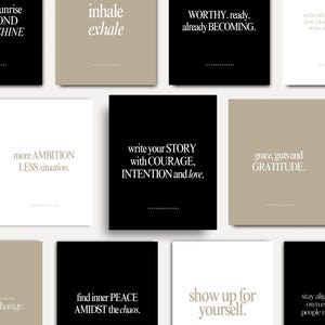 Puede incluir: Una colección de impresiones artísticas cuadradas con citas inspiradoras en varios colores. Las impresiones presentan frases como "EVERY sunrise is a SECOND chance to SHINE" e "inhale exhale" en un estilo minimalista.