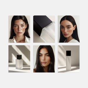 May include: A grid of six images. Two images show women with dark hair and makeup. The other four images show a rectangular, clear glass bottle with a black cap. The bottle appears to contain a liquid.