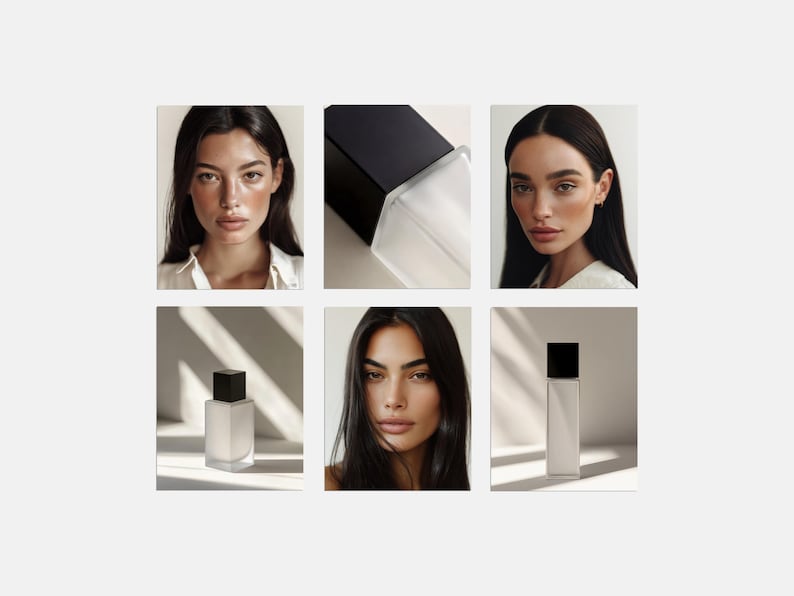May include: A grid of six images. Two images show women with dark hair and makeup. The other four images show a rectangular, clear glass bottle with a black cap. The bottle appears to contain a liquid.