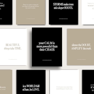 May include: Collection of square art prints with inspirational quotes in various fonts and colors. The prints feature phrases like "Breathe and let go," "Beautiful things take time," and "Your calm is more powerful than their chaos."
