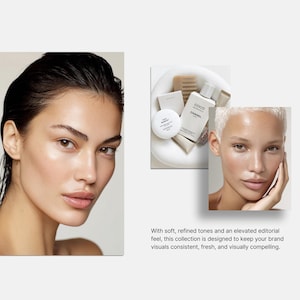 May include: A beauty product collection featuring a woman with wet hair and another with short blonde hair. The image includes a white bowl with beauty products, including a bottle labeled "COCO CHANEL". The text reads: "With soft, refined tones and an elevated editorial feel..."