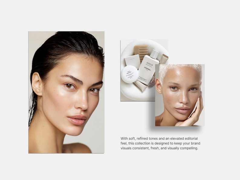 May include: A beauty product collection featuring a woman with wet hair and another with short blonde hair. The image includes a white bowl with beauty products, including a bottle labeled "COCO CHANEL". The text reads: "With soft, refined tones and an elevated editorial feel..."