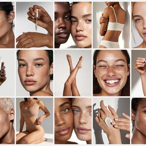May include: A collage of images featuring diverse individuals with radiant skin. Some images show skincare products, including a dropper bottle and a tube. The overall theme suggests beauty and skincare.