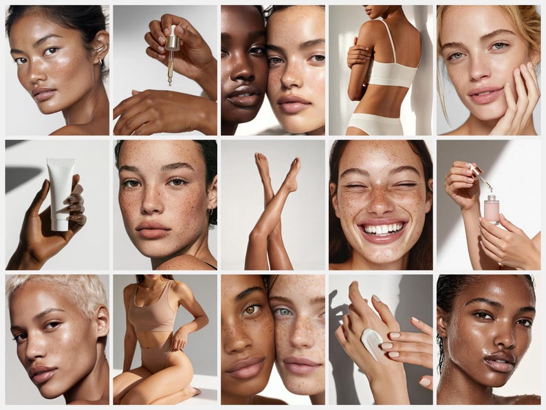 May include: A collage of images featuring diverse individuals with radiant skin. Some images show skincare products, including a dropper bottle and a tube. The overall theme suggests beauty and skincare.