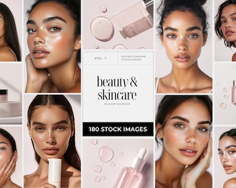 Skincare Stock Photos Bundle, 180 Feminine AI Beauty Portraits, Diverse Women Minimalist Aesthetic Images for Instagram Branding & Marketing