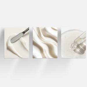 May include: Three square images showcasing skincare products. One shows a white cream with a silver spatula, another features a close-up of a creamy texture, and the third displays a clear serum with a dropper.