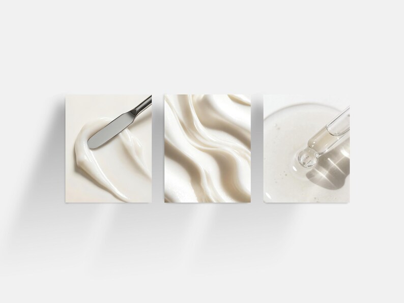 May include: Three square images showcasing skincare products. One shows a white cream with a silver spatula, another features a close-up of a creamy texture, and the third displays a clear serum with a dropper.