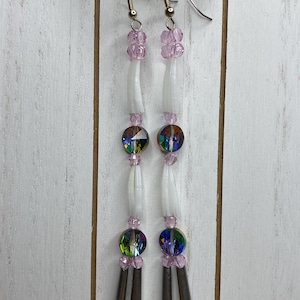 Native AmericanTwo Tier Pink Dentalium Shell Dangle Earrings WhiteHorseWear