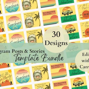 Instagram digital template bundle, Post and Stories, Editable with Canva, Summer, Surf, Beach, Outdoors