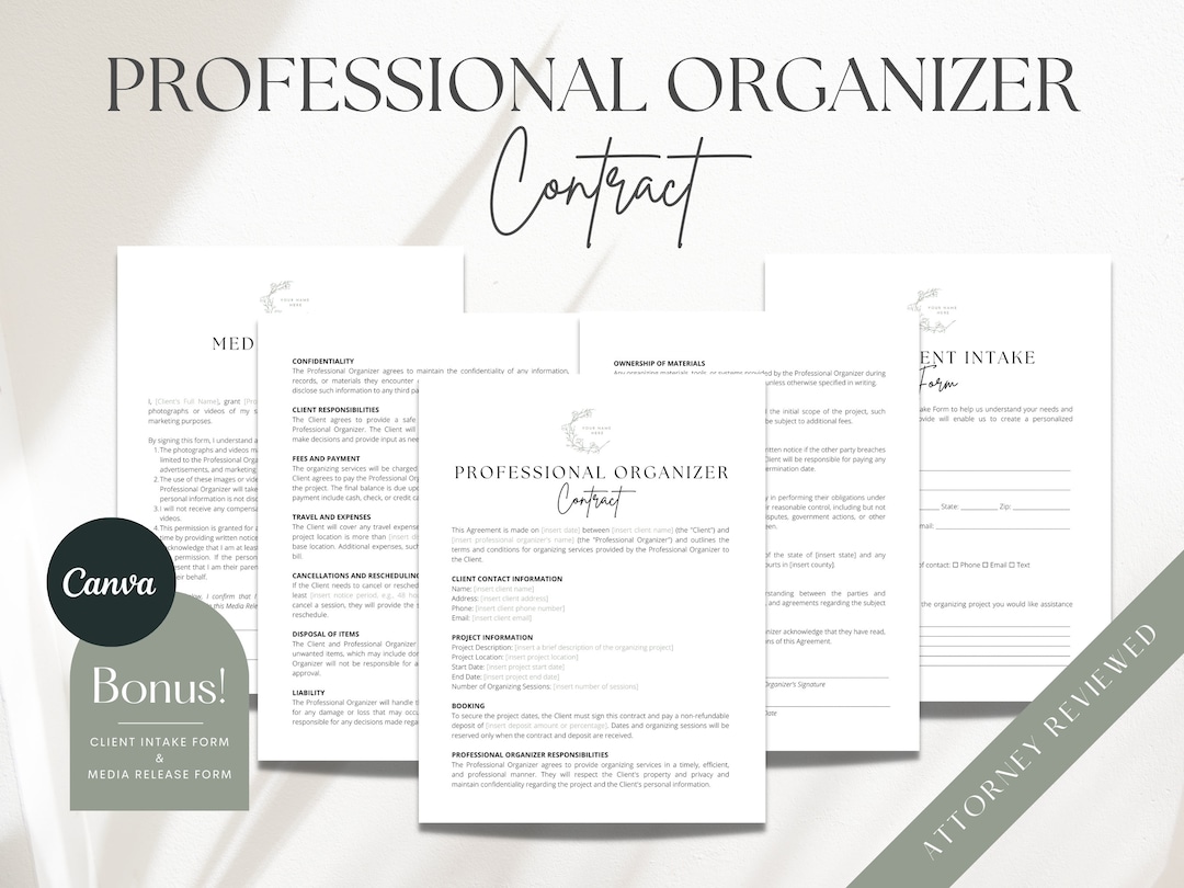 Professional Organizer Contract, Home Organization Business, Canva
