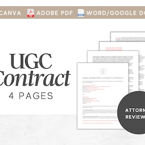 Könnte beinhalten: Ein weißes Dokument mit dem Text "User Generated Content Contract" und "Attorney Reviewed" in schwarzer Schrift. Das Dokument ist in der Mitte gefaltet und hat einen grauen Hintergrund.